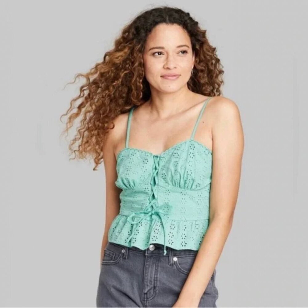 wild fable strappy eyelet embroidered lace-up peplum tank top Size XS